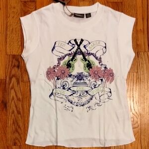 Vintage Ted Baker Jeans White Tee with Floral and Guitar Design